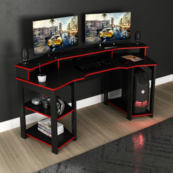 Mesa Gamer Curva ME4167 Vermelho | Para Até 2 Monitores