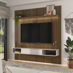 Painel Belluno Pinho Ripado Com Off White | 75 Polegadas